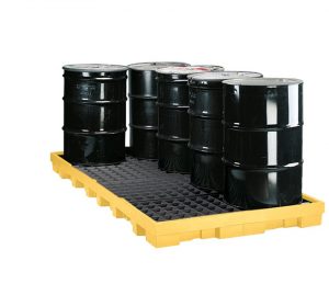 55 gallon oil drums with secondary containment.
